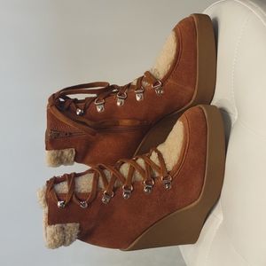 Jessica Simpson Maelyn Fleece Fur Leather Suede Wedge Lace Zip Up Heel Boots 8 M